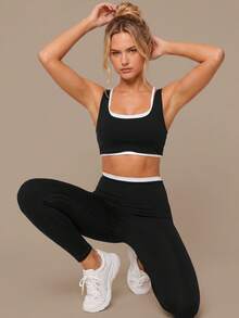 Women's Double Layer Colorblock 2 In 1 Backless Sports Bra, Shock-Absorbing Fitness Yoga Tank Top - Black - View 7