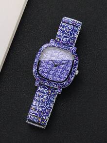 1pc Women's Printed Square Quartz Watch, Elastic Strap Unique Numeric Dial Niche Design Wristwatch, Delicate Gift For Girlfriend (1pc/Set) Watch Box Not Included - Blue - View 8