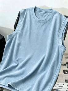 FRACTYR 男士夏季休闲街头风水洗复古阴阳锦鲤印花无袖背心，美式街头风宽松版型，新款中国风圆领无袖休闲背心，触感柔软 - 藍色 - 查看 5