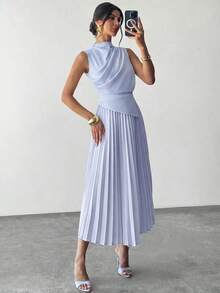 Vestido de línea A con cuello swing, sin mangas y con volantes/Falda paraguas/Ropa de vuelta al colegio/Ropa escolar/Fiesta/Estilo de mujer de dinero antiguo/Atuendos para salir/Atuendo de fiesta para mujer/Atuendos de oficina para mujer/Falda color albaricoque imitación - Celeste - Ver 5