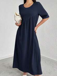 Vestido casual de fiesta con cuello redondo y plisado de unicolor, adecuado para el verano - Azul marino - Ver 3