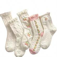 5 Pairs Random Color Socks, Versatile European And American Style Crew Socks For Men And Women, Comfortable Scalloped Edge Ladies Socks - Multicolor - View 4
