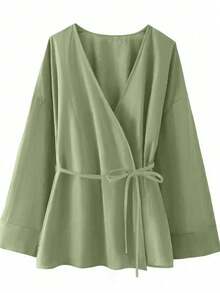 Plus Size Women V-Neck Long Sleeve Tie Front Casual Loose Comfortable Top - Green - View 1