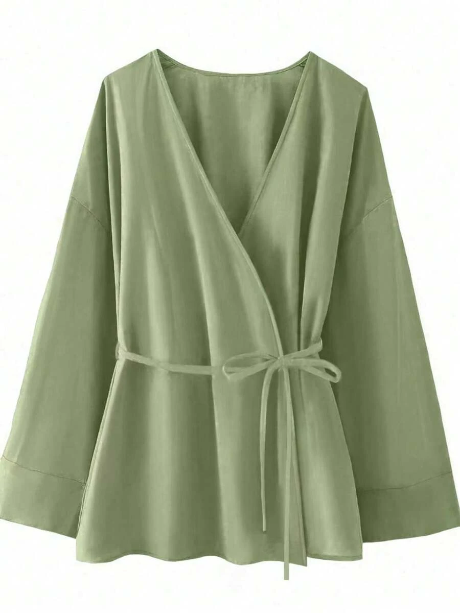 Plus Size Women V-Neck Long Sleeve Tie Front Casual Loose Comfortable Top - Green - View 1