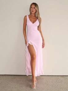 Elegant European-Style V-Neck Slip Dress With Ruffles And Slit, Perfect For Summer Vacation - Pink - View 12