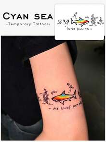 1 Tattoo Sticker - Hand-Drawn Rainbow Shark Underwater Fun Cartoon Horizontal Tattoo Design, Temporary Tattoo Sticker, Washable PVC One-Time Use Waterproof And Sweat-Proof Hand-Arm-Waist-Back-Backleg Non-Reflective Realistic Tattoo Design, Suitable For Travel, Music Festivals, Games, Graduation Gifts, Daily Use. For 3-5 Days. - Multicolor - View 1