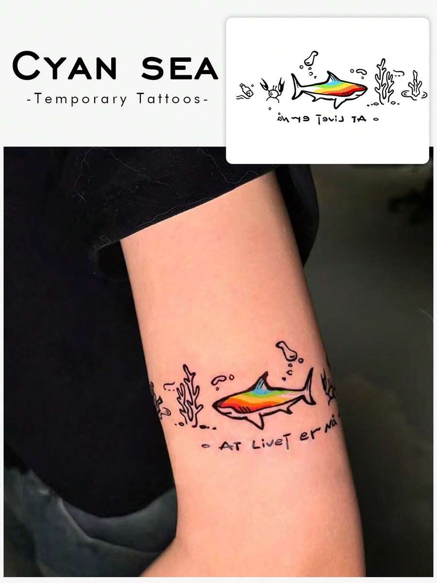 1 Tattoo Sticker - Hand-Drawn Rainbow Shark Underwater Fun Cartoon Horizontal Tattoo Design, Temporary Tattoo Sticker, Washable PVC One-Time Use Waterproof And Sweat-Proof Hand-Arm-Waist-Back-Backleg Non-Reflective Realistic Tattoo Design, Suitable For Travel, Music Festivals, Games, Graduation Gifts, Daily Use. For 3-5 Days. - Multicolor - View 1