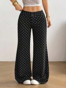 Pantalones de cintura alta sólidos con pierna recta y acampanada - Negro 2 - Ver 6