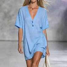 Women's Dress Casual Loose Fit Short Sleeve Button Front Dress Summer Lightweight Outfit - 黃色 - 查看 2