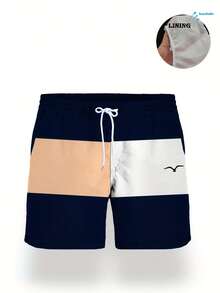 Shorts casuales de playa para vacaciones para hombre con estampado de bloques de color, cordón, cintura elástica, bolsillos inclinados y forro de malla - Multicolor - Ver 6