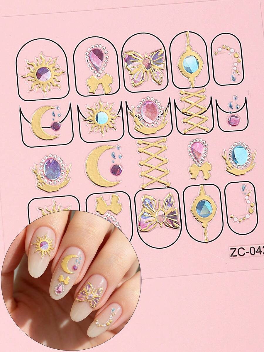 1pc 5D Rhinestone Butterfly Nail Stickers, Gemstone Sun Moon Spring/Summer Nail Decals, Easy To Use, Suitable For Women's Home DIY Manicures. - Multicolor - View 1