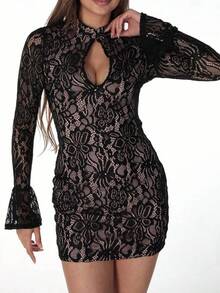 Spring Party Dress: Fitted Mini, Flared Sleeves And Hollow Lace Details – Elegant Look - 黑色 - 查看 6