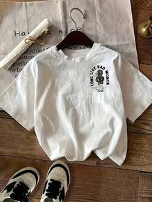 Neues, vielseitiges Kurzarm-T-Shirt mit Aufdruck und Rundhalsausschnitt, europäische und amerikanische Mode. - Weiss - Übersicht 2