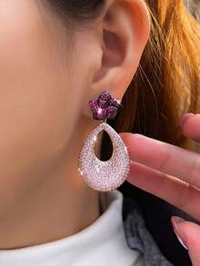1 Pair Statement Luxury Pink Cubic Zirconia Pave Flower Drop Long Bold Engagement Wedding Bridal Party Earrings For Women Jewelry - Pink - View 8