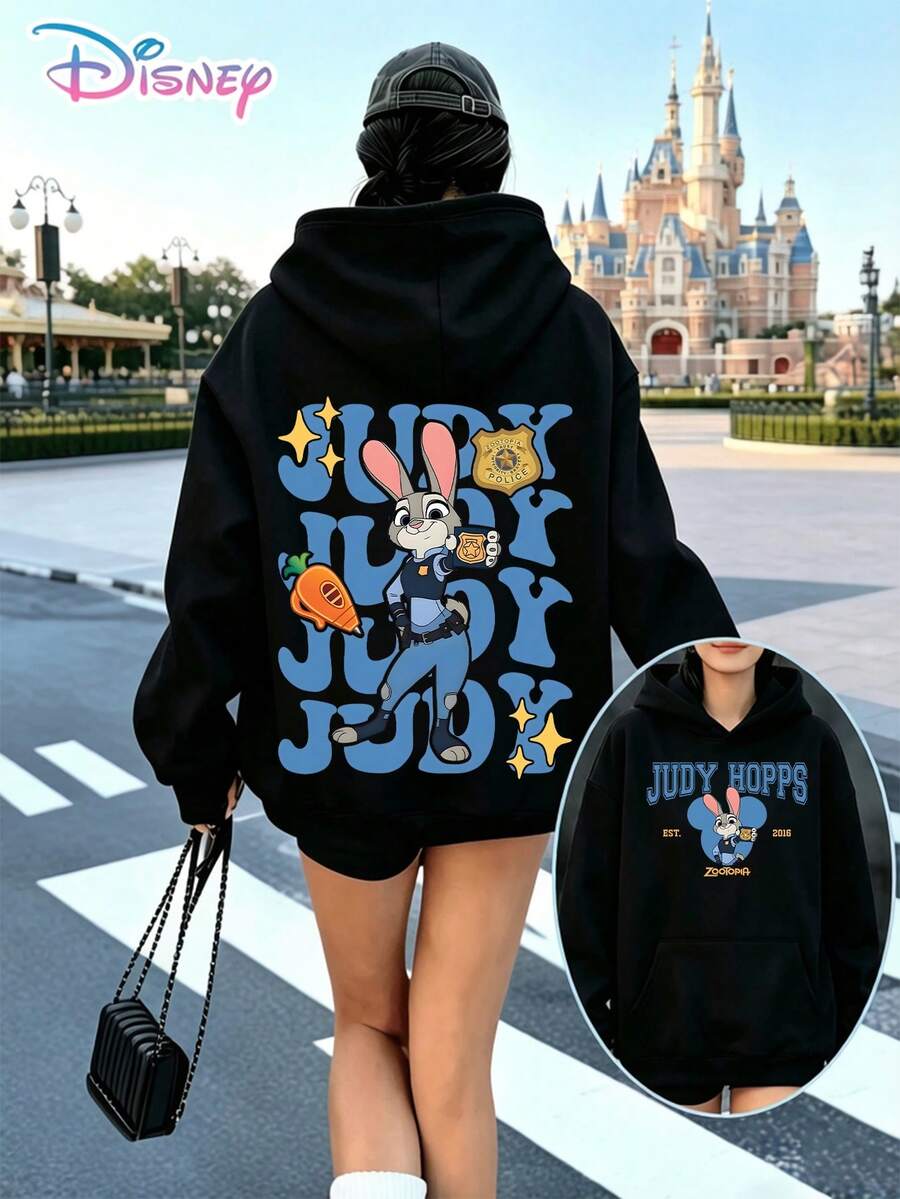 Disney Judy Hopps Retro Letter Back‑Front Printed Hoodie With "Judy Hopps Est 2016 Zootopia" Slogan. A Relaxed, Casual, And Versatile Top, Perfect For Holiday Gifting. (Women's Autumn/Winter Clothing/Elegant Women's Outfits/Patterned Hoodies/Printed Tops/Casual Outfits For Disney‑Park Daily Wear) - màu đen - Xem 1