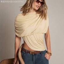 Fengyu Women's Clothing Store Blusa asimétrica con drapeado sexy para oficina - Albaricoque - Ver 7