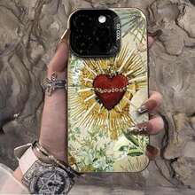 [24h Shipping from MX]1 pieza Fundas para celular anti‑caída con diseño de sagrado corazón rojo con rayos dorados y fondo floral vintage, estilo barroco religioso elegante, compatible con iPhone 17/17 Pro/17 Pro Max/17 Air/16/15/14/13/12/11 Pro/11 Plus/11 Pro Max/XR/X/XS/XS Max y serie S21‑S26, ideal para uso diario y estética gótica chic - Plateado - Ver 1