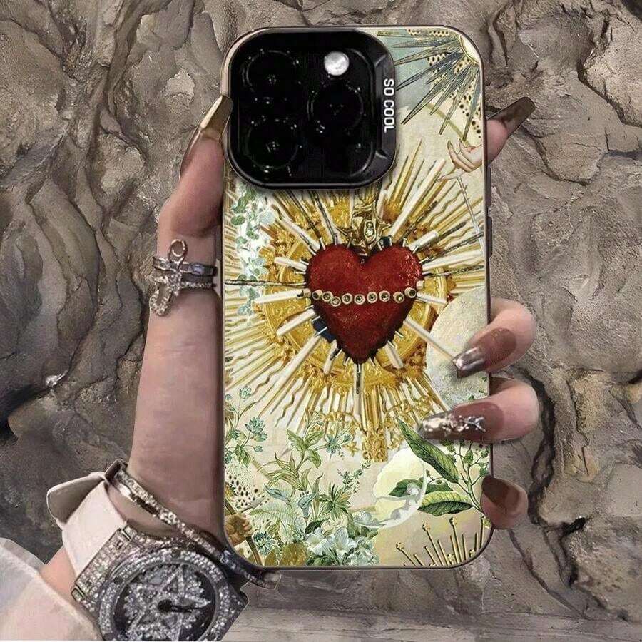 [24h Shipping from MX]1 pieza Fundas para celular anti‑caída con diseño de sagrado corazón rojo con rayos dorados y fondo floral vintage, estilo barroco religioso elegante, compatible con iPhone 17/17 Pro/17 Pro Max/17 Air/16/15/14/13/12/11 Pro/11 Plus/11 Pro Max/XR/X/XS/XS Max y serie S21‑S26, ideal para uso diario y estética gótica chic - Plateado - Ver 1