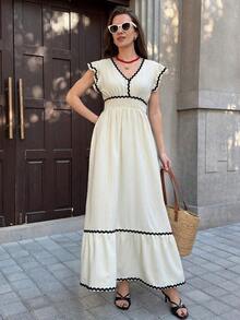 xheEllevyn Vestido largo elegante de mujer con cintura fruncida y volantes, vestido de verano para vacaciones, vestido para citasxhe - Albaricoque 2 - Ver 3