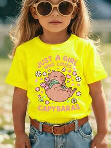 Fashionable Summer Short Sleeve T-Shirt For Girls With "ONLY A GIRL WHO LOVES CAPYBABIONS" Slogan And Capybara Holding A Tulip Print, Casual And Versatile Top NY-DX9379 - 黃色 - 查看 1