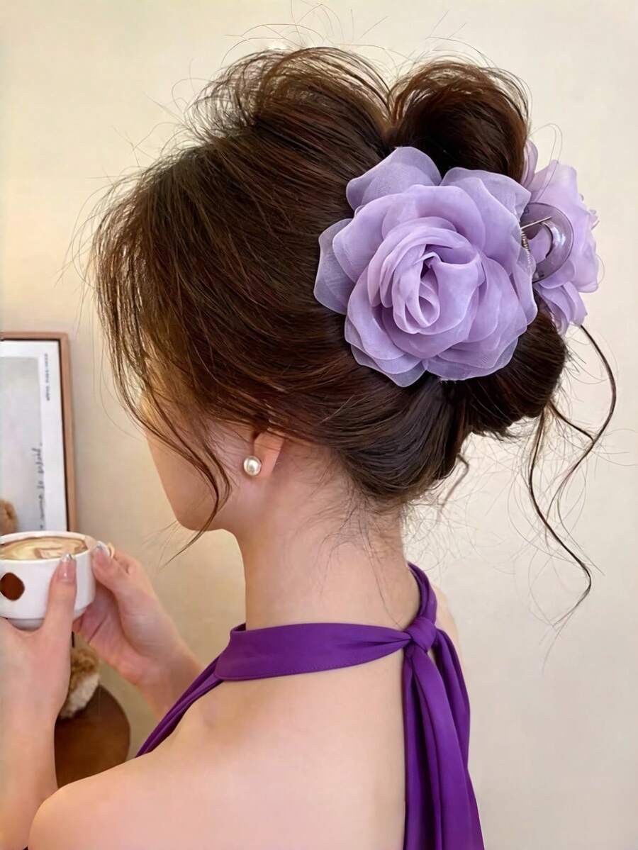 1件女款甜美優雅網紗花朵髮夾,適合日常佩戴與度假夏季髮飾,唯美風格 - 淡紫色 - 查看 1
