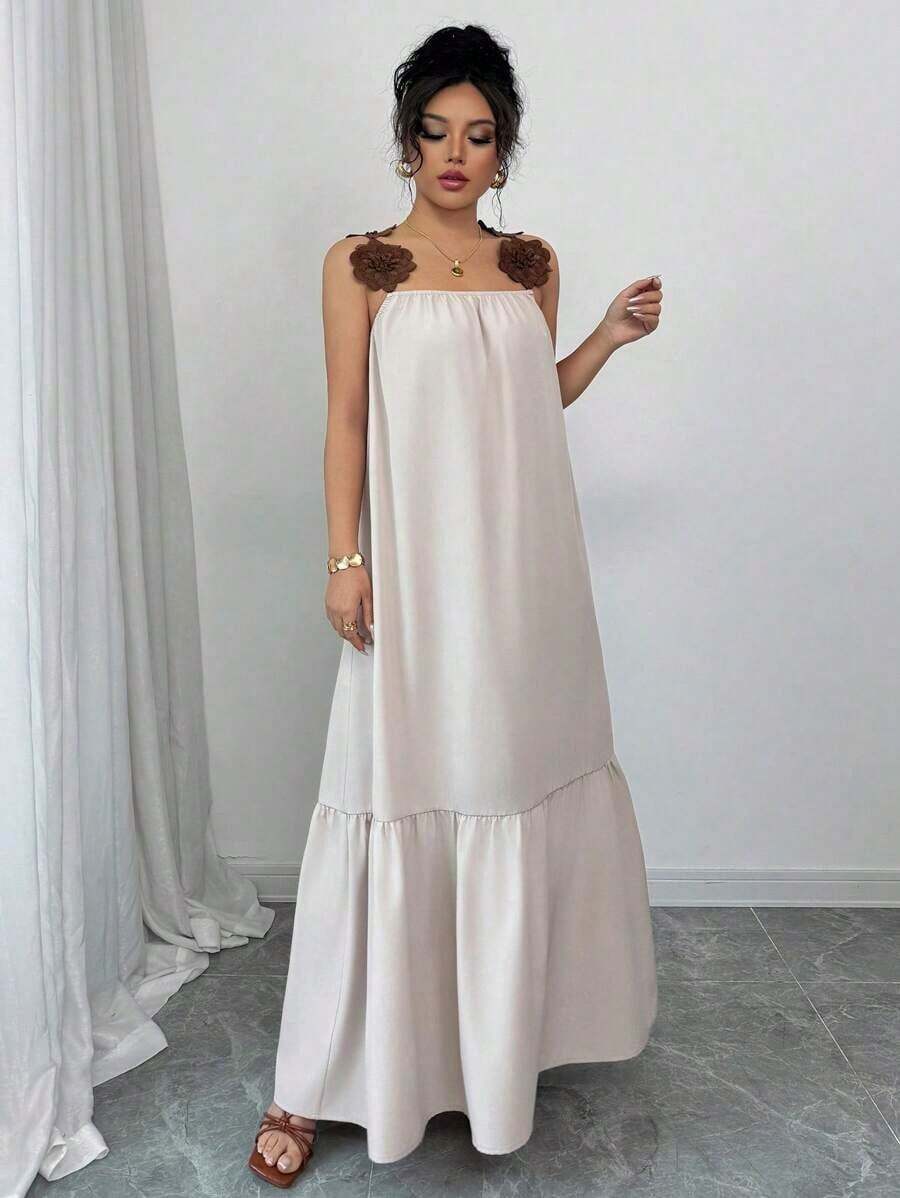 Vestido de mujer de estilo francés, elegante, casual, versátil y para uso diario, de color albaricoque, con decoración floral y dobladillo acampanado, ideal para primavera/verano - Albaricoque - Ver 1