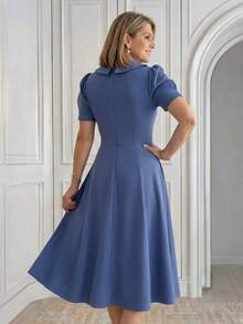 Vestido de fiesta y viaje de unicolor y plisado para mujeres de edad media y mayores - Azul - Ver 2