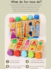 1pc Children Rotating Cognitive Puzzle Blocks Develops Fine Motor Skills In Toddlers; Educational Matching Toy; Wooden 3D Puzzle Blocks For Grip Training For Boys And Girls - 彩色 - 查看 2
