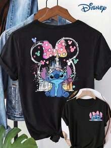 Short-Sleeved T-Shirt For Women, Double-Sided Print On Front And Back, Disney Stitch Cartoon Design, Round Neck, Casual And Stylish Short-Sleeved T-Shirt, Slightly Stretchy, Opaque, Easy-Care Material, Ideal For Everyday Wear, Women's T-Shirt. - 黑色 - 查看 7