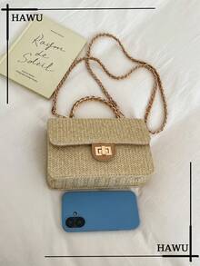 Bolso de hombro de paja con diseño de perlas, bolso cuadrado pequeño para vacaciones en la playa - Caqui - Ver 5