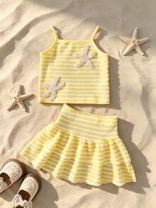 Girls' Summer 2 Pieces Set: Camisole Top And Skirt, Vacation Style, Casual, Daily Wear, Textured Fabric, Soft & Skin-Friendly, Starfish Decor, Fits Ages 4-7 - Yellow - View 1