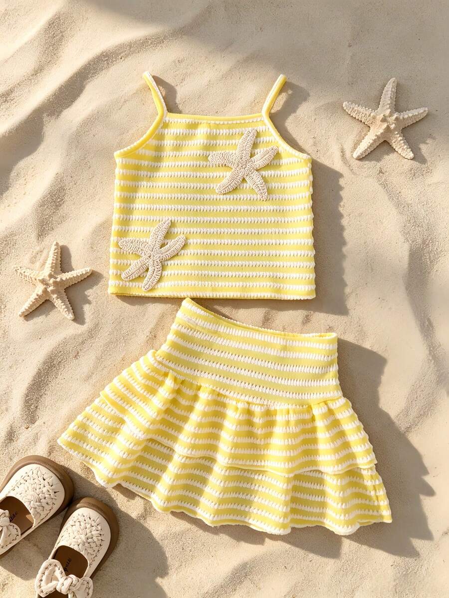 Girls' Summer 2 Pieces Set: Camisole Top And Skirt, Vacation Style, Casual, Daily Wear, Textured Fabric, Soft & Skin-Friendly, Starfish Decor, Fits Ages 4-7 - Yellow - View 1