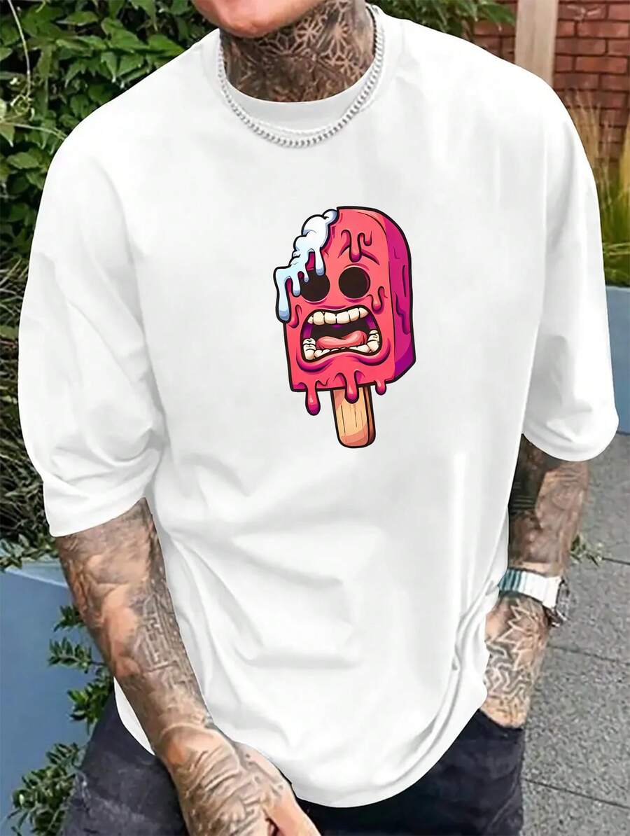 Men's New Summer 2026 T-Shirt - Men's Summer T-Shirts With Fun Popsicle Design, Novelty Pattern Print, Comfortable And Casual, Modern Short Sleeve, Versatile And Cool 4ILH - 白色 - 查看 1