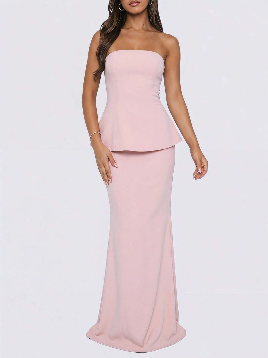 1pc Elegant Solid Color Formal Backless High Slit Maxi Dress, Suitable For Party, Wedding, Spring/Summer Pink - Pink - View 1