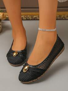 1 Pair Mesh Satin Ribbon Bow Metal Decor Gentle Intellectual Women's Round Toe Shoes For Daily Wear - Black - View 6
