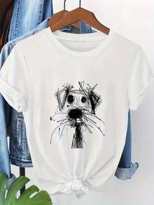 Camiseta de perro desordenado para mujer Camiseta casual de manga corta con patrón con Camiseta de manga corta con cuello redondo para todas las estaciones - Blanco - Ver 1