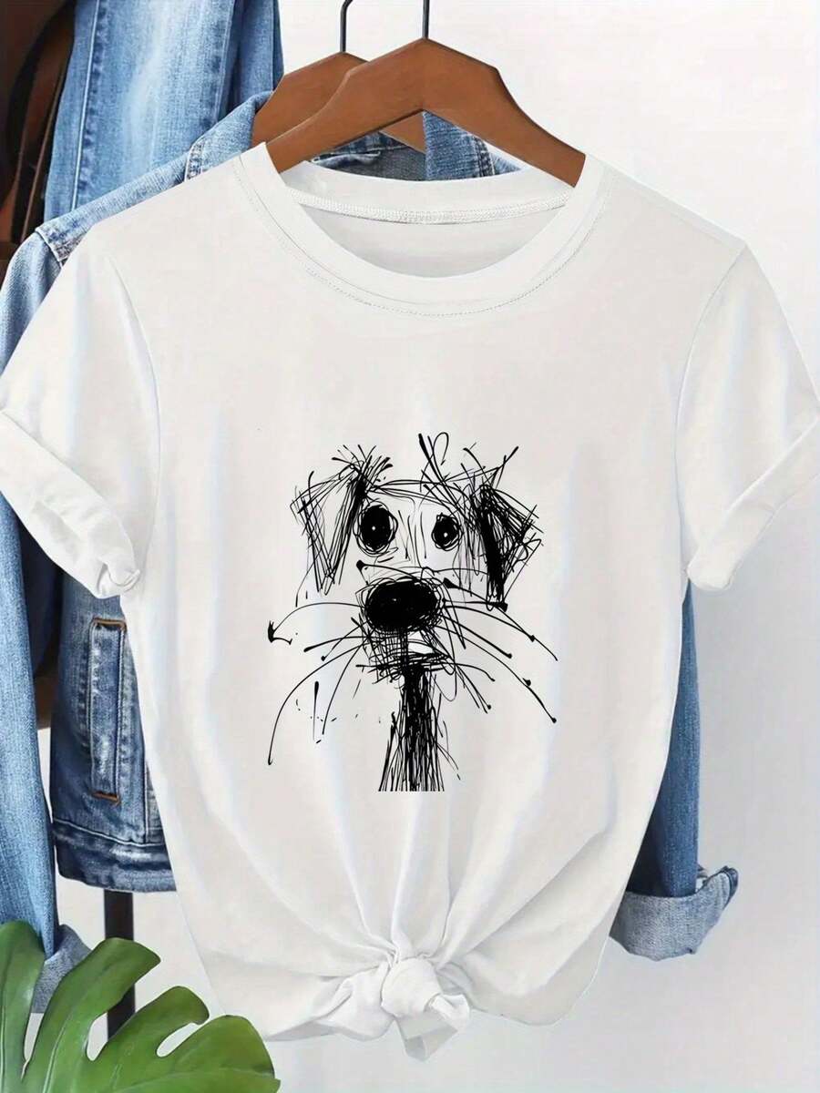 Camiseta de perro desordenado para mujer Camiseta casual de manga corta con patrón con Camiseta de manga corta con cuello redondo para todas las estaciones - Blanco - Ver 1