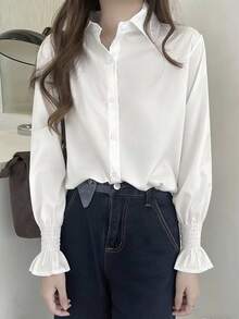 Women's French Flare Cuff Single-Breasted Shirt, Fashionable Versatile - White - View 3