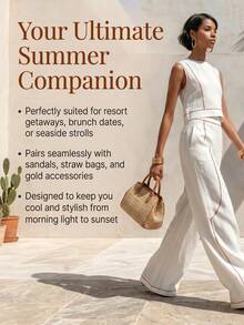 Women's Modest Boho Two-Piece Outfit Sleeveless Round Neck Cropped Blouse  Long Wide Leg Pants With Contrast Piping In Woven Fabric For Spring Outings - White - View 7