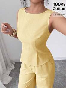 Gaze Conjunto de 2 piezas de camisa sin mangas y espalda descubierta con pantalones de pierna ancha de unicolor para mujer - Amarillo claro - Ver 4