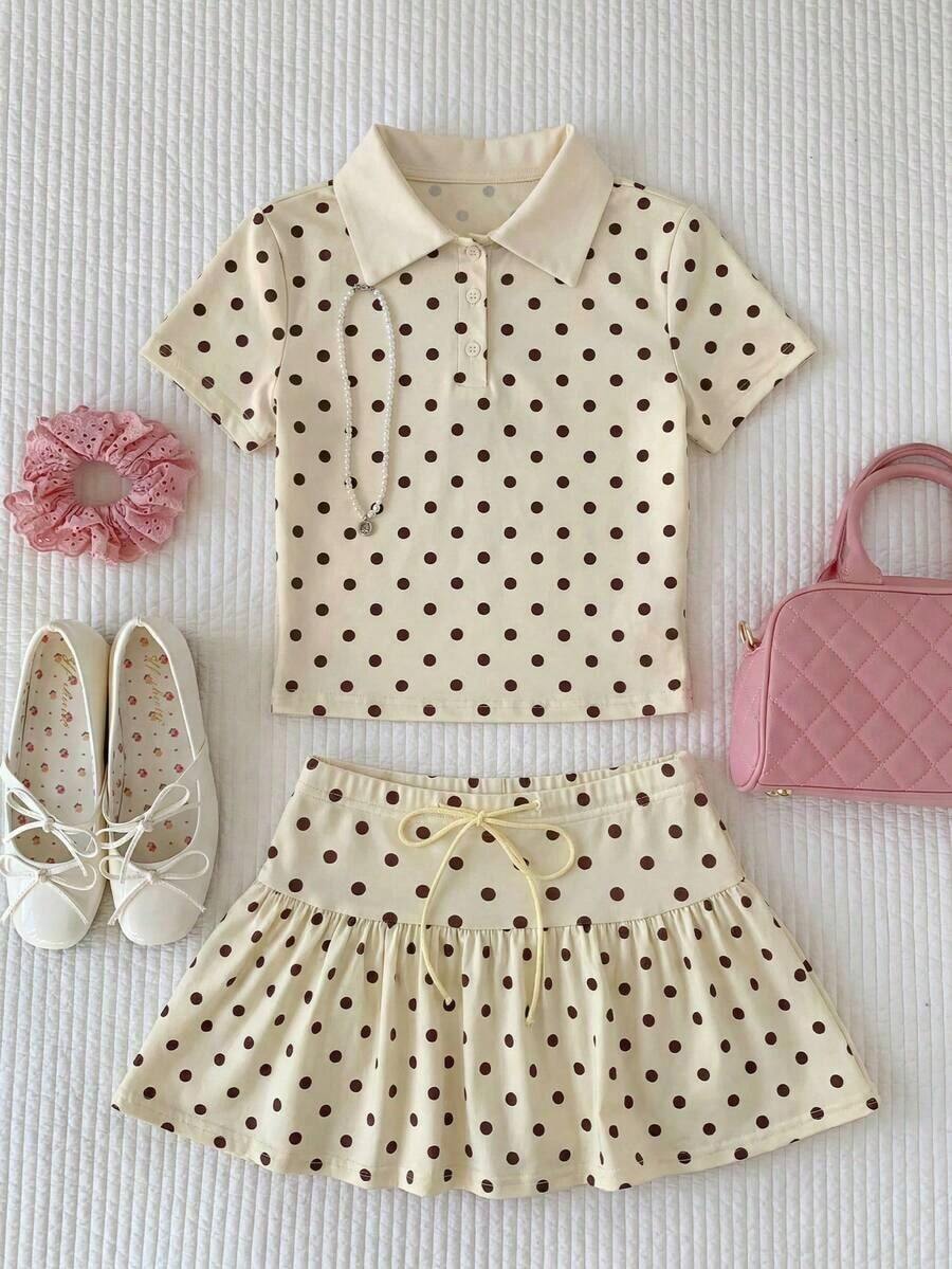 Conjunto de 2 piezas de camiseta de manga corta a rayas y minifalda casual de verano para mujer - Amarillo - Ver 1