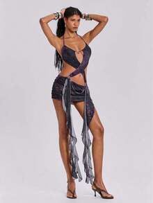 Y2K Baddie Style Mini Dress With Ruffle Trim And Crossover Waist, Perfect For Holidays - 紫色 - 查看 4
