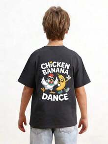 Boys' T-Shirt With Fun Chicken And Banana Print, Soft And Comfortable Fabric, Suitable For Outdoor Sports, Casual Wear, Urban Wear, School Wear, Versatile Fashion T-Shirt For Boys In Spring/Summer. - 黑色 - 查看 5