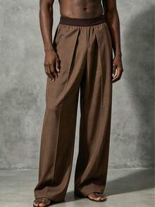 Father's Day Gift Wide-Leg Elastic Waist Casual Solid Color Pants For Men - Coffee Brown - View 1
