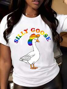 Comfortable For All-Day Wear. This Women's Casual T-Shirt Features A Crew Neck, Short Sleeves, And A Relaxed Fit. It Has A Graphic Print Of A Rainbow Hat And A Silly Goose Duck, Making It Ideal For Everyday Wear And Fun Outings. The Comfortable, Relaxed Fit Flatters All Body Types, While The High-Quality Material Feels Soft Against The Skin And Offers Durability. - 白色 - 查看 9