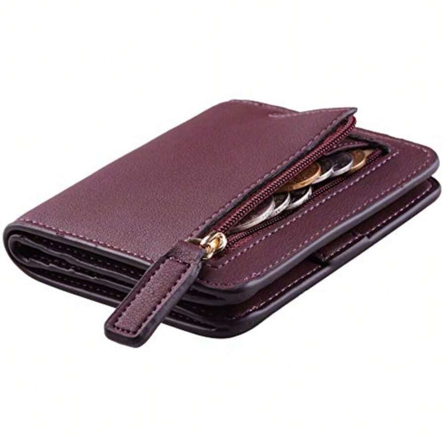 Toughergun Women's Small Slim Leather Wallet With RFID Protection, Compact Bifold Mini Purse With Clear ID Window - 12 ReNapa Red Wine - View 1
