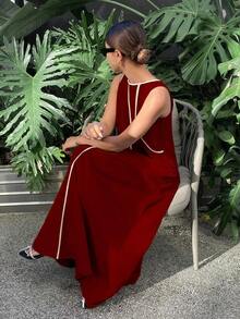Vestido largo suelto sin mangas de unicolor para mujer, vestidos extra largos con paneles de colores contrastantes - Burdeos - Ver 4