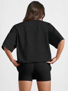 Camisetas de manga corta para mujer, camisetas casuales de talla grande, camisetas básicas de cuello redondo para entrenamiento de verano, camisetas versátiles. - Negro - Ver 4