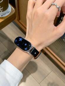 [新款時尚] Ml 手錶錶帶適用於小米 Mi Band 10/9/8，高級皮革錶帶配星形設計，小眾風格 - 黑色 - 查看 4