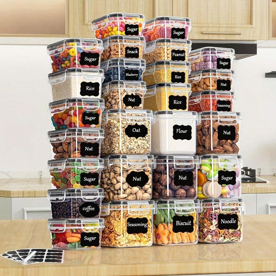 27er-Set luftdichte Lebensmittelbehälter mit Deckeln für Küchen-  Vorratsorganisation, Kunststoff-Dosen-Set für Müsli, Nudeln, Mehl & Zucker, inkl. Etiketten & Marker - Übersicht 1